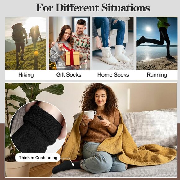 Womens Merino Wool Black B Socks 5 Pairs Warm Thick Crew Cozy Winter Boot Socks - Picture 6 of 6